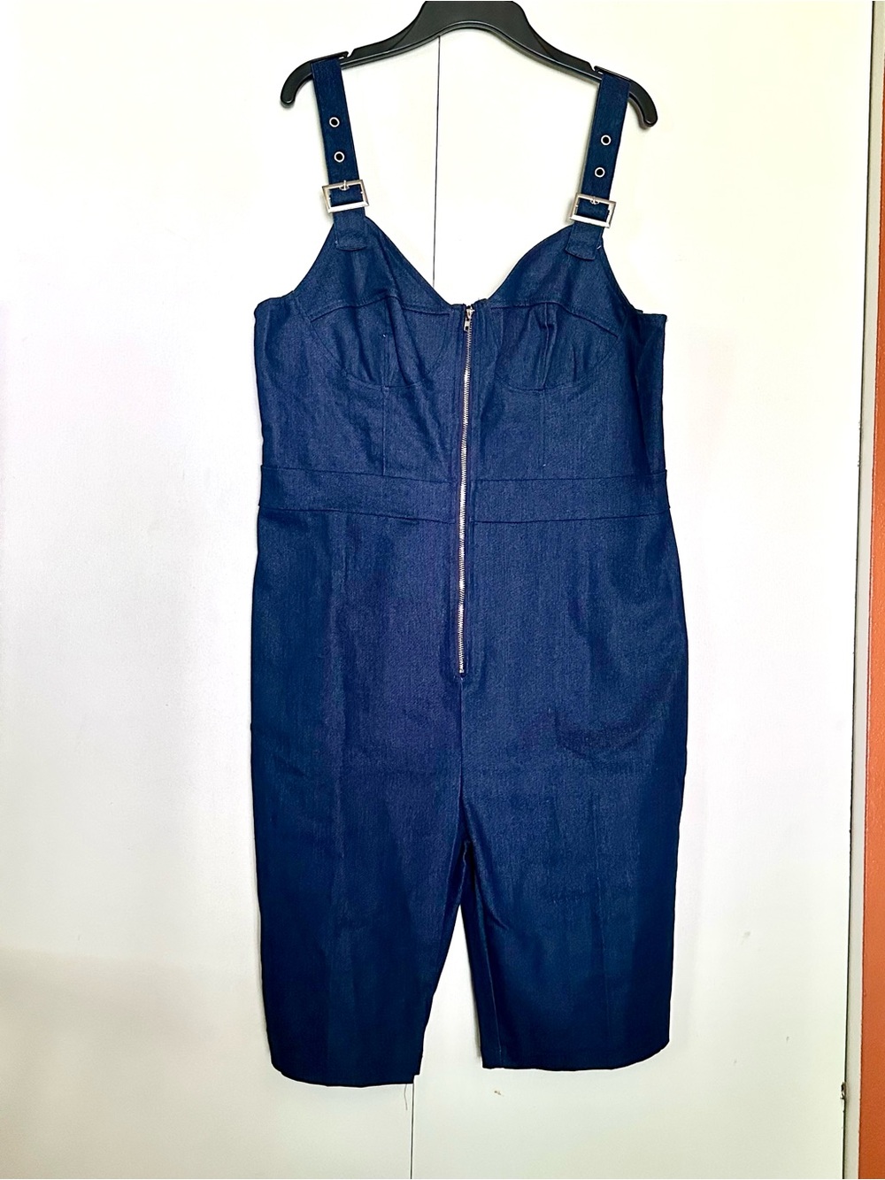 Dark Blue Denim Zip-Front Midi Dress